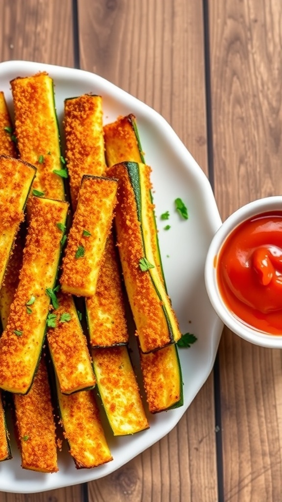 Crispy baked zucchini sticks served with marinara sauce on a rustic wooden table.